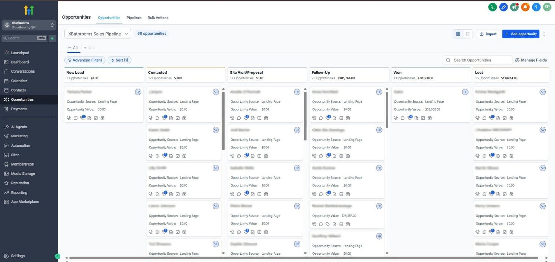 XBathrooms Sales Pipeline in GoHighLevel
